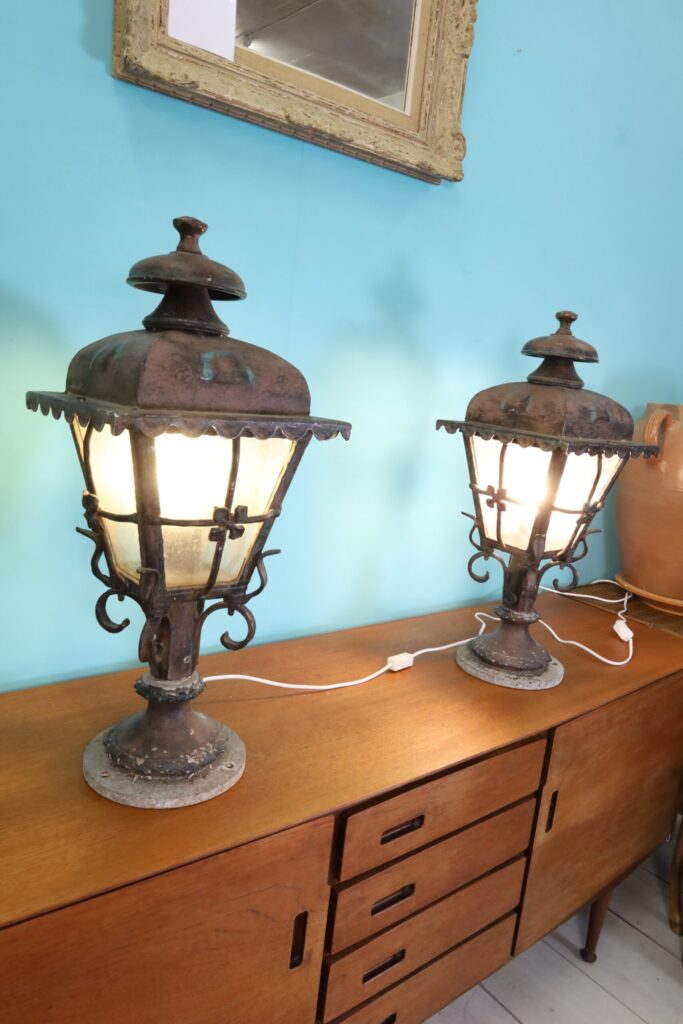 Old lantern heads as table lamps