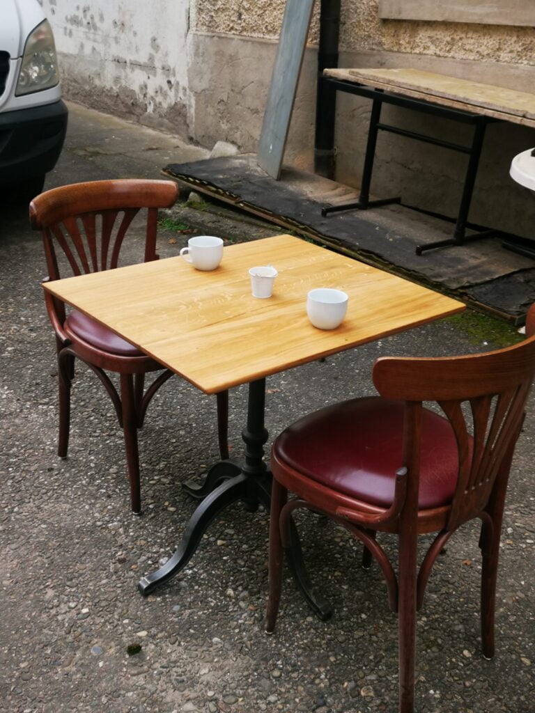 6x Bistro Tables with Cast Iron Legs Oak