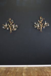 French Wall Lights Gold Leaf and Glass Flowers