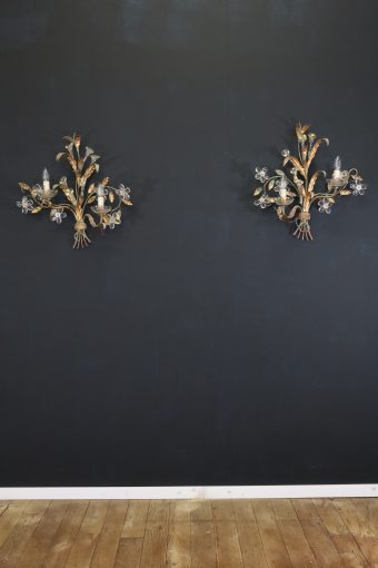 French Wall Lights Gold Leaf and Glass Flowers