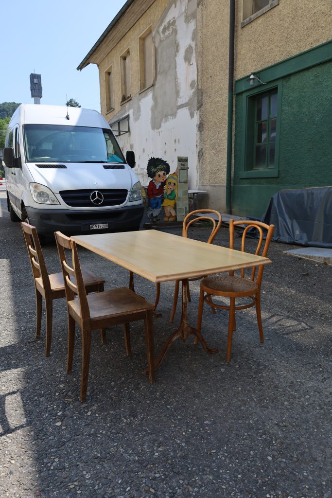 Dining table with maple table top and cast iron legs