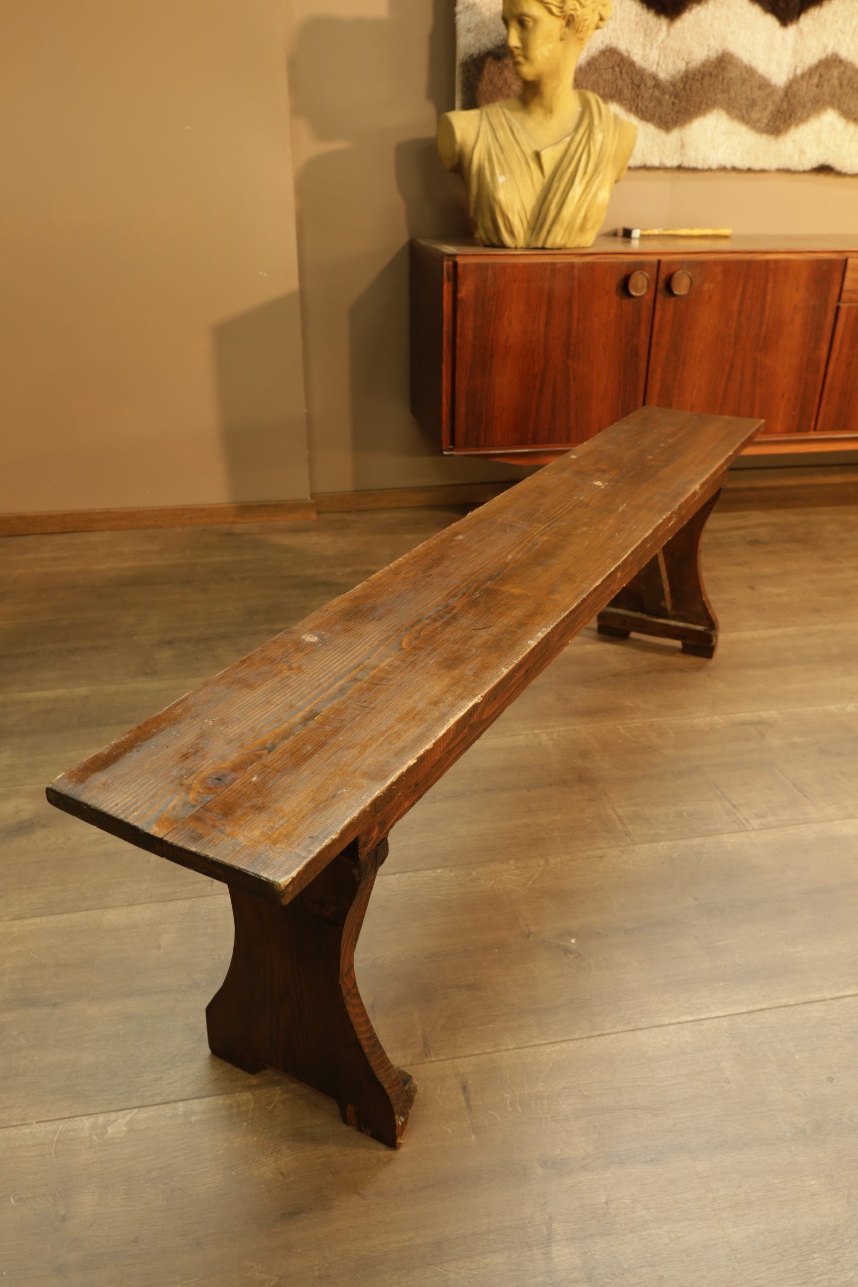 Dark stained fir wood bench - 50s - 1/2 pc