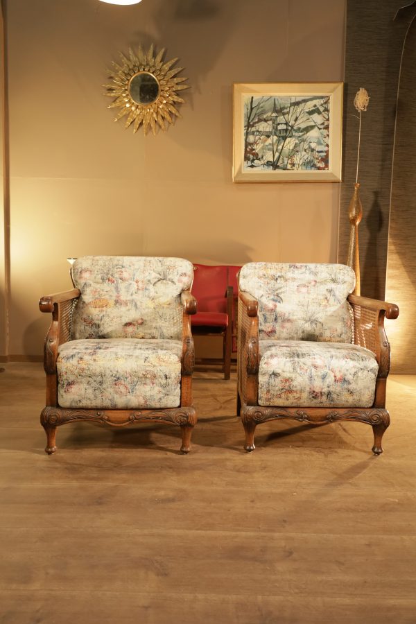 Pair of vintage walnut armchairs - newly upholstered, 1950s style