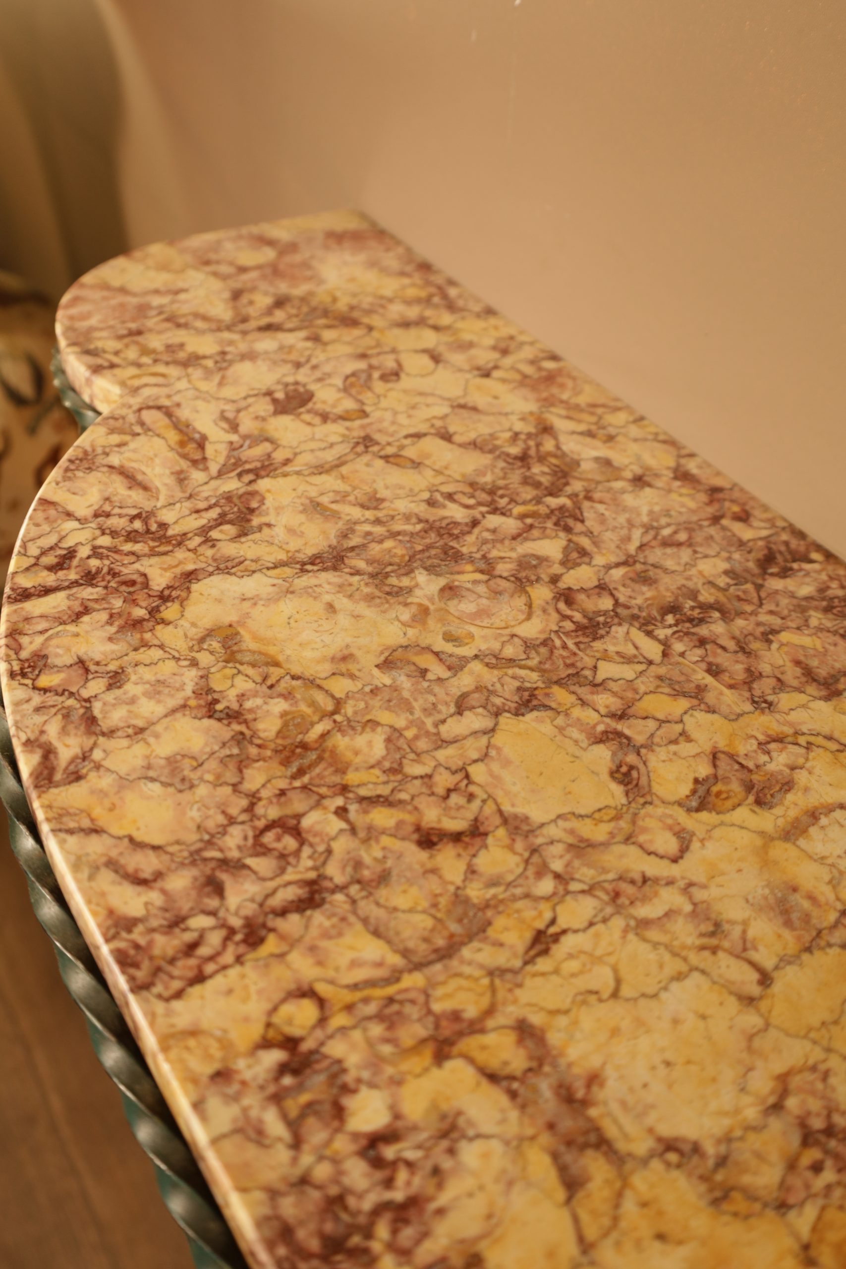 Wall console with marble top and wrought iron frame