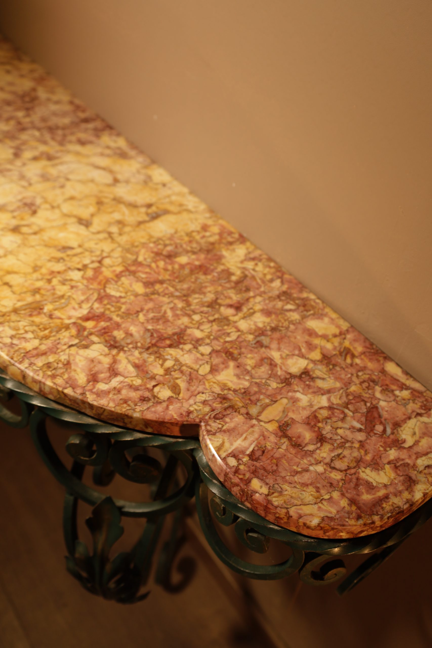 Wall console with marble top and wrought iron frame