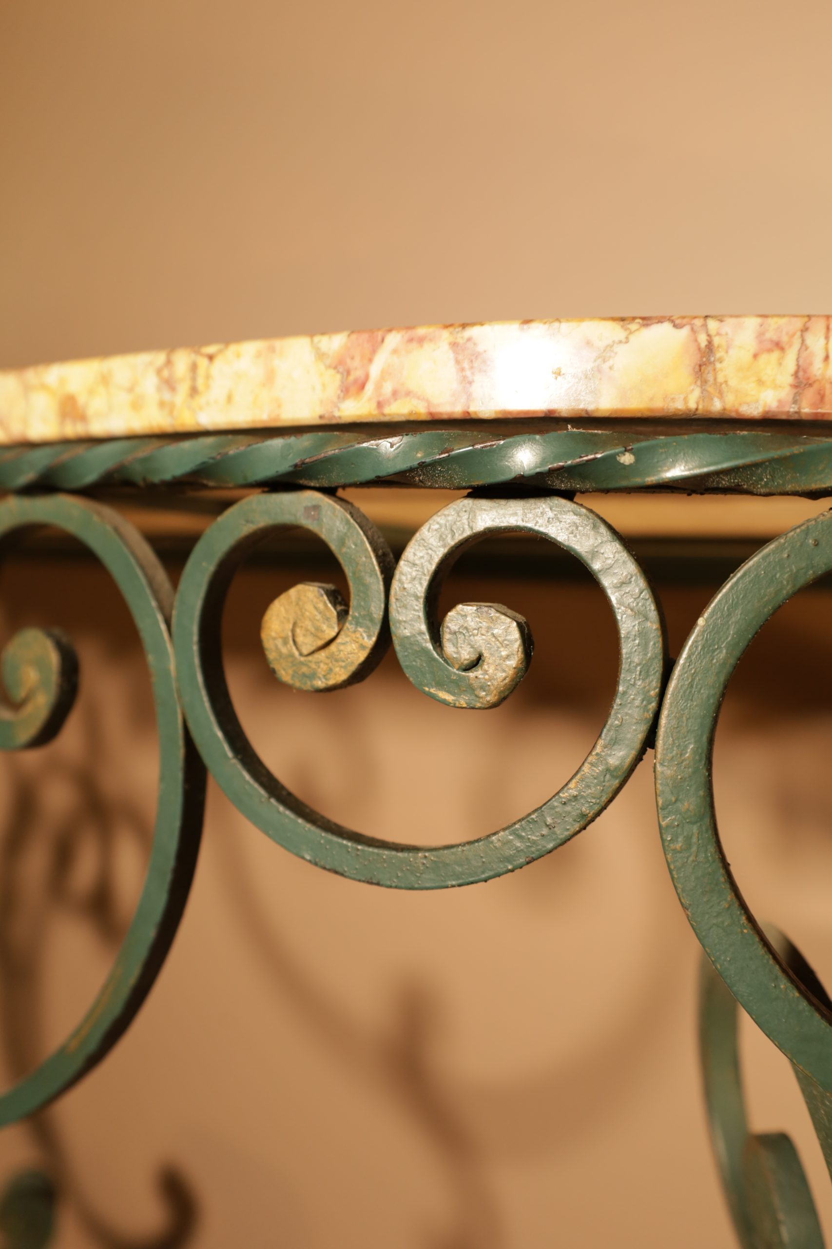 Wall console with marble top and wrought iron frame